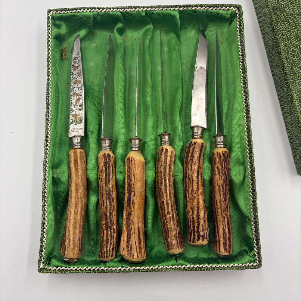 Vintage Anton Wingen Jr. Solingen Carving Steak Knives Stag Horn Handles Steel